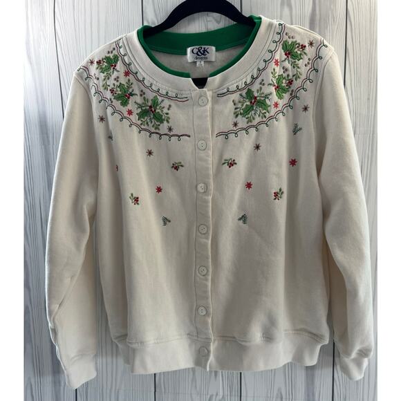Vintage 90s Knit Embroidered Cottagecore Holiday Sweatshirt Cardigan Small - Picture 1 of 6